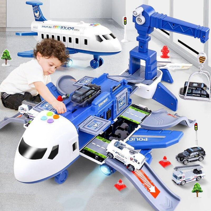 Aircraft playset with mini vehicles, ramps, road signs, and construction accessories