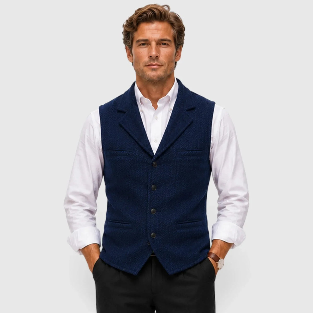 Men's herringbone vest with lapels, button front and welt-style pockets