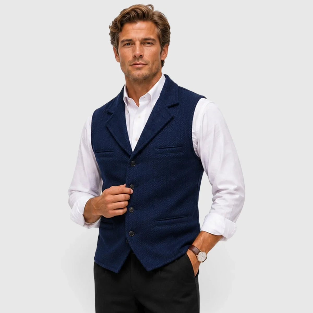 Men's herringbone vest with lapels, button front and welt-style pockets