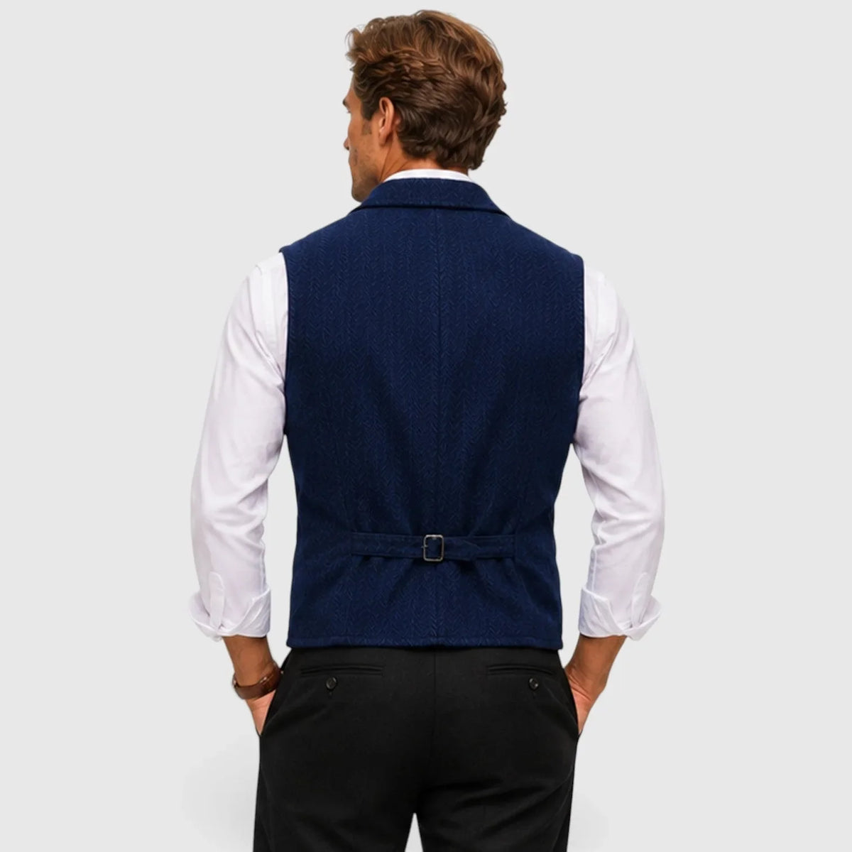 Men's herringbone vest with lapels, button front and welt-style pockets