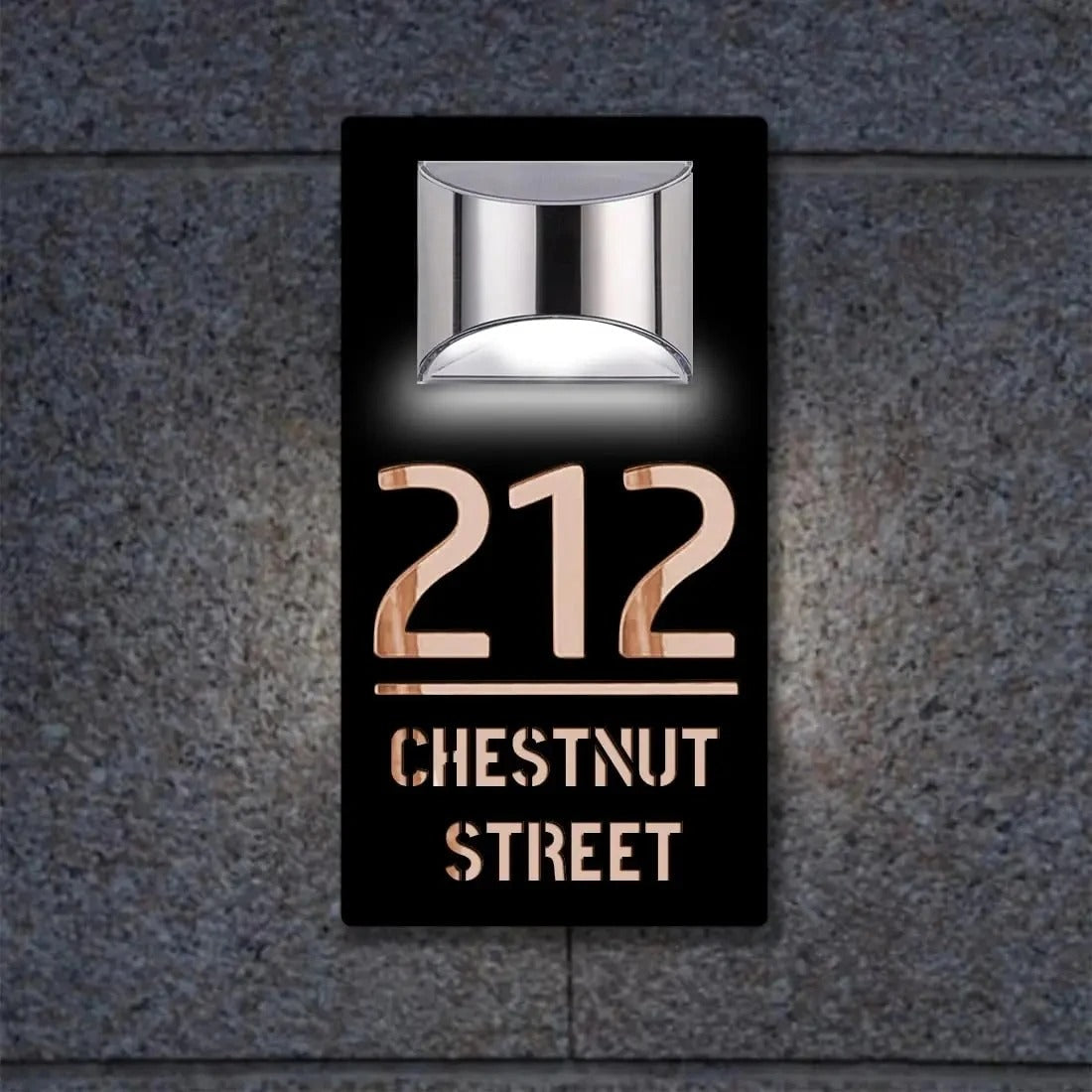 Personalized rectangular house number plaque with raised metallic lettering