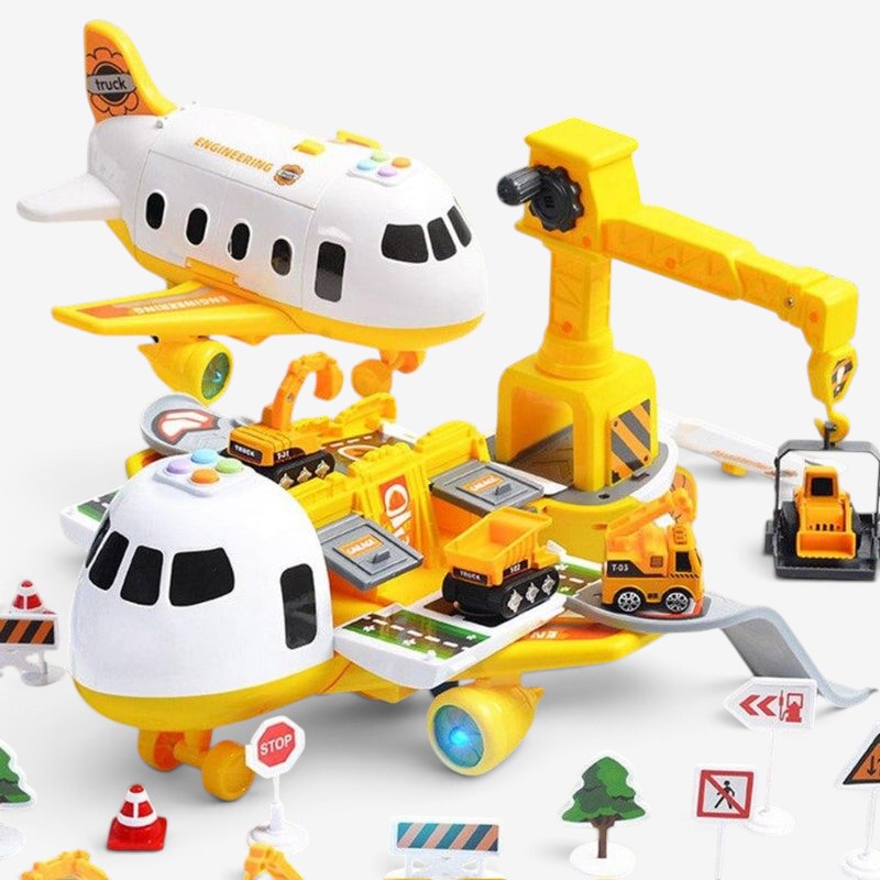 Aircraft playset with mini vehicles, ramps, road signs, and construction accessories