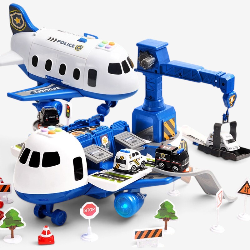Aircraft playset with mini vehicles, ramps, road signs, and construction accessories