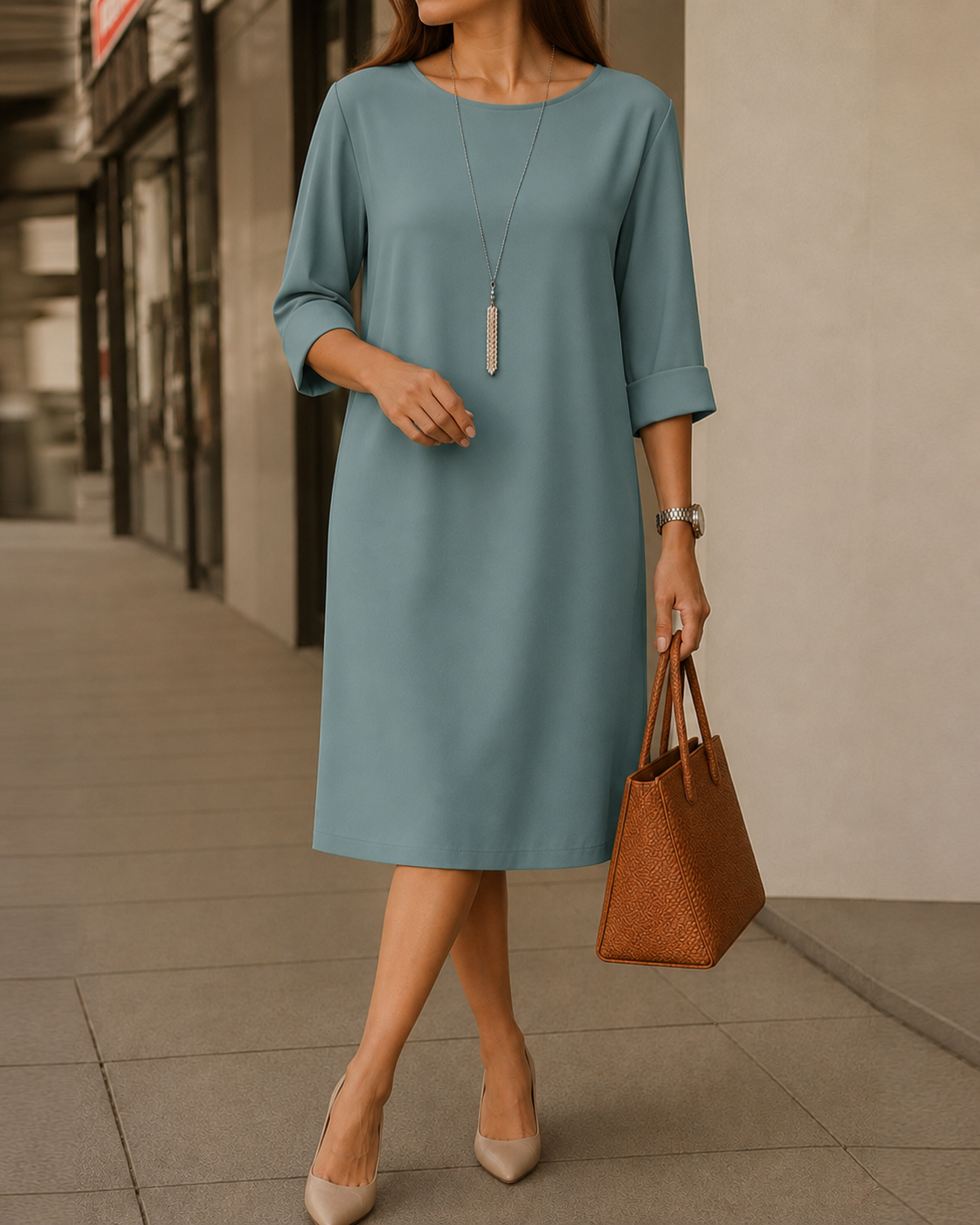 Women's relaxed solid midi dress with round neckline, rolled three-quarter sleeves and side pockets