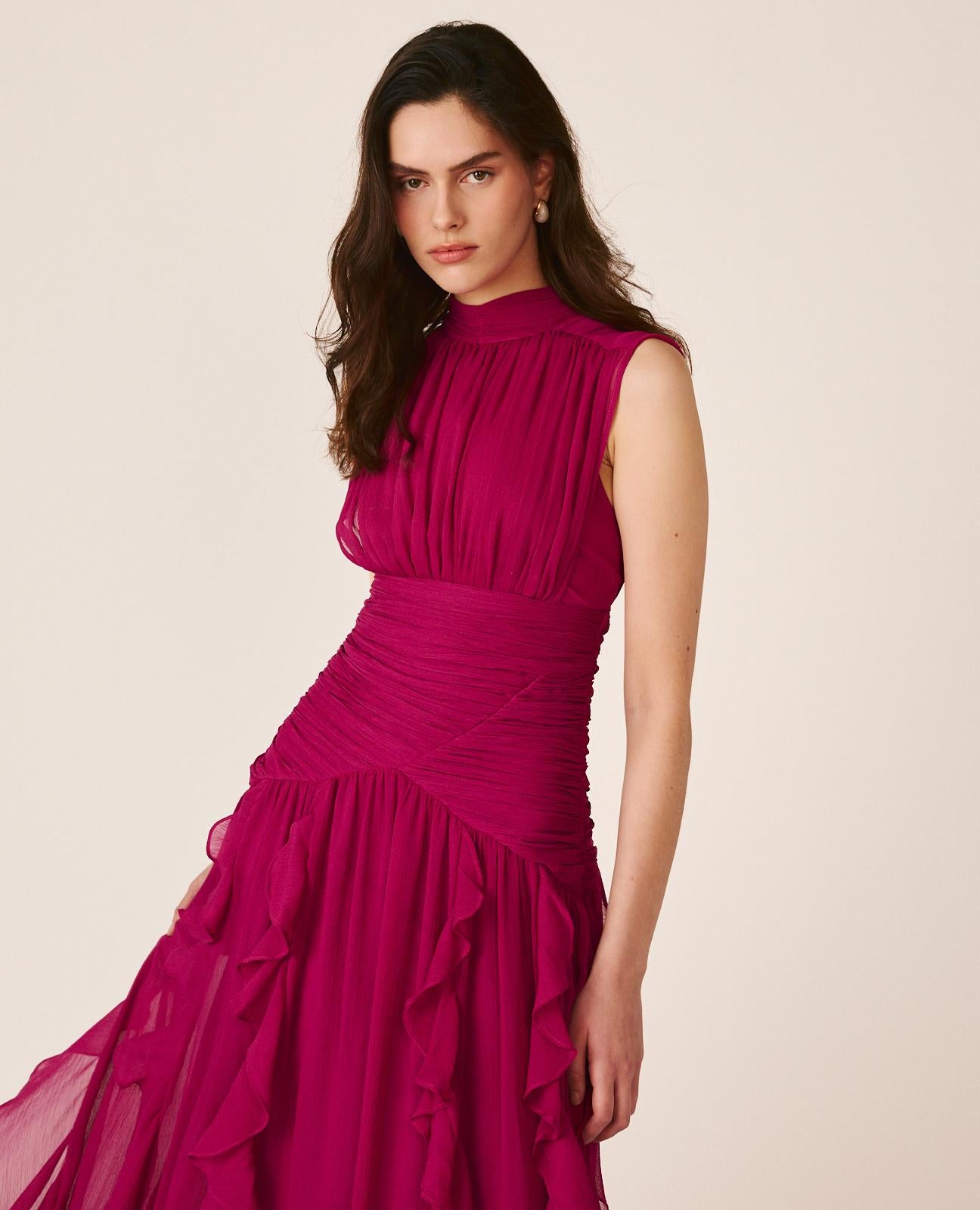 Women's pink sleeveless mock-neck maxi dress with ruched waist and layered ruffles