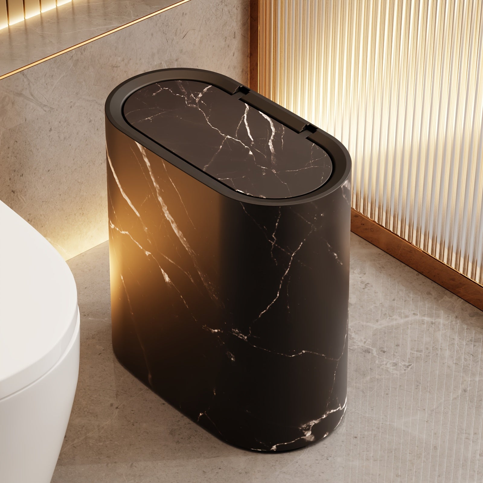 Modern oval lidded trash can with decorative patterned exterior