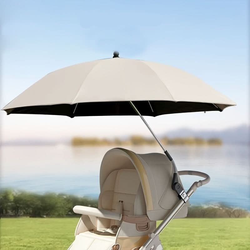 Cream UV stroller sunshade with bendable arm and universal clamp