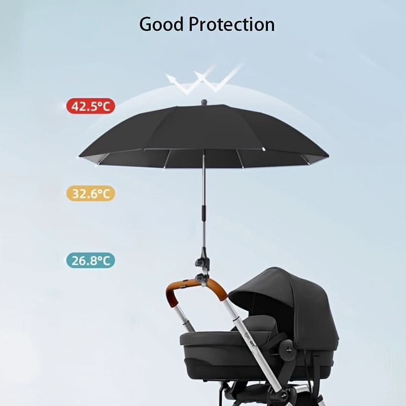 Cream UV stroller sunshade with bendable arm and universal clamp