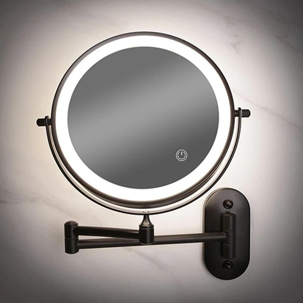 Black wall mounted LED makeup mirror with adjustable swing arm