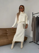 Women's midi dress set styled with a matching turtleneck sweater