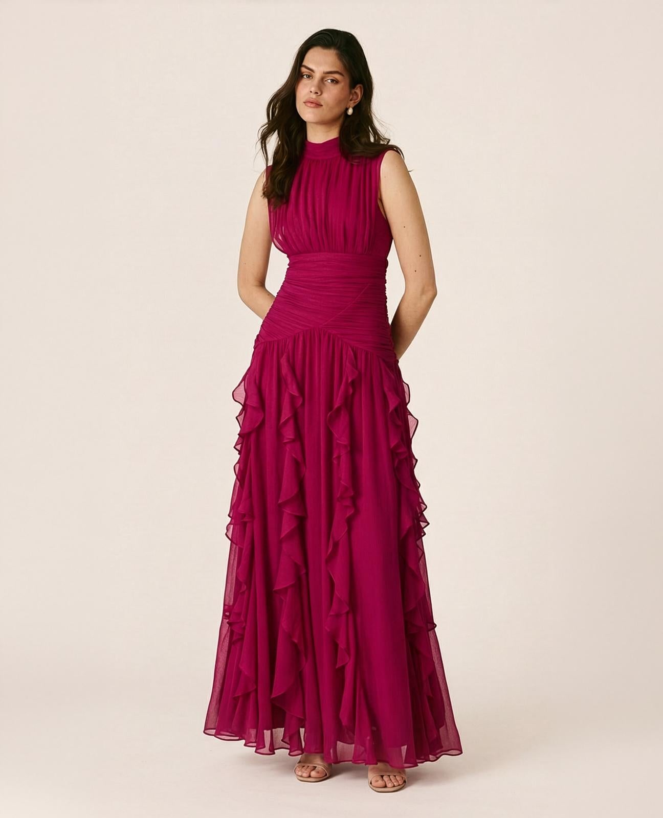 Women's pink sleeveless mock-neck maxi dress with ruched waist and layered ruffles