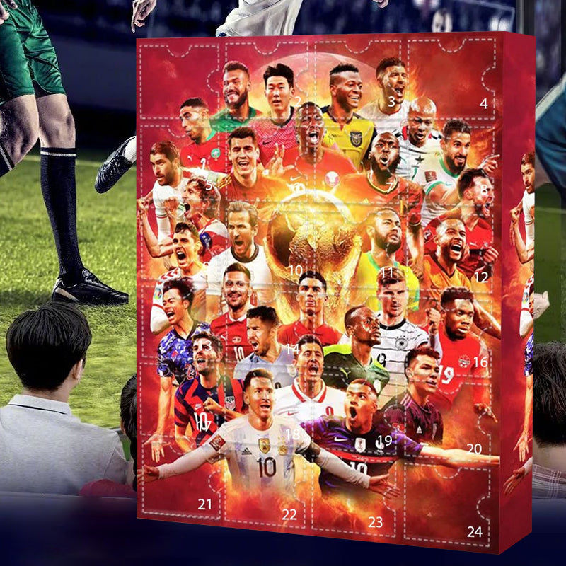 Red 2026 soccer advent calendar with 24 numbered doors