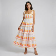 Women's Square Neck Tiered Maxi Dress Pineapple Embroidery