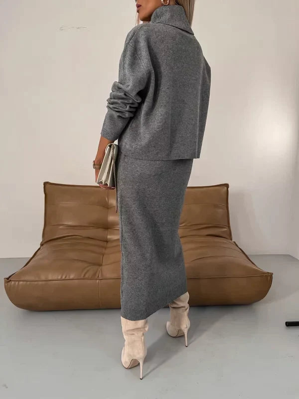 Women's midi dress set styled with a matching turtleneck sweater