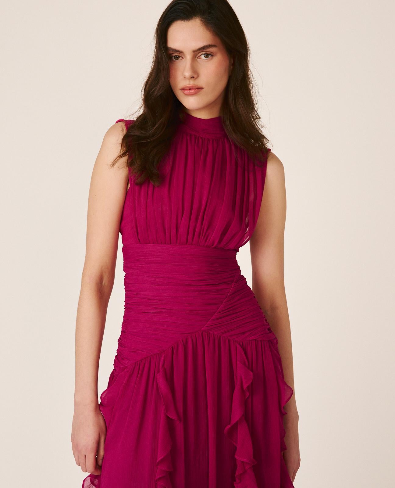 Women's pink sleeveless mock-neck maxi dress with ruched waist and layered ruffles