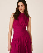 Women's pink sleeveless mock-neck maxi dress with ruched waist and layered ruffles