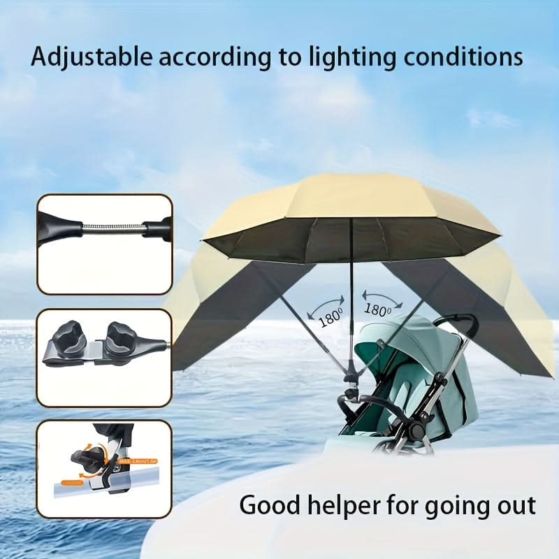 Cream UV stroller sunshade with bendable arm and universal clamp