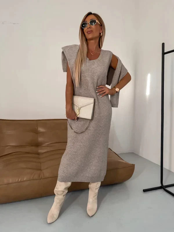 Women's midi dress set styled with a matching turtleneck sweater