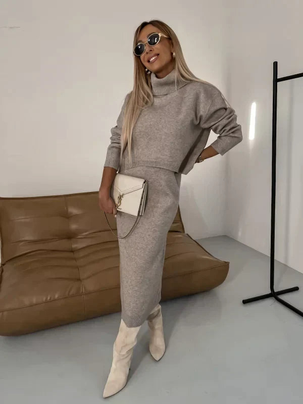 Women's midi dress set styled with a matching turtleneck sweater