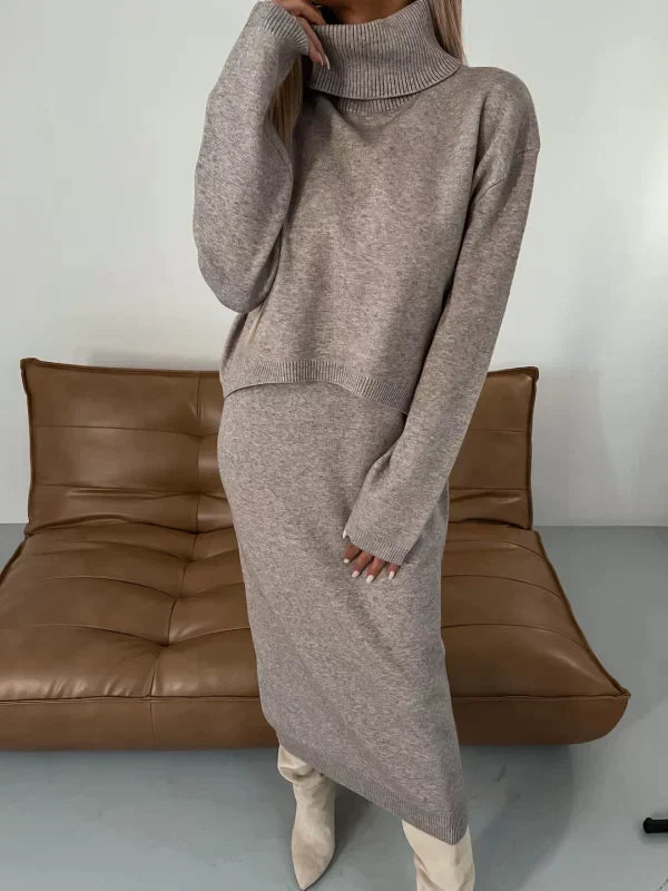 Women's midi dress set styled with a matching turtleneck sweater