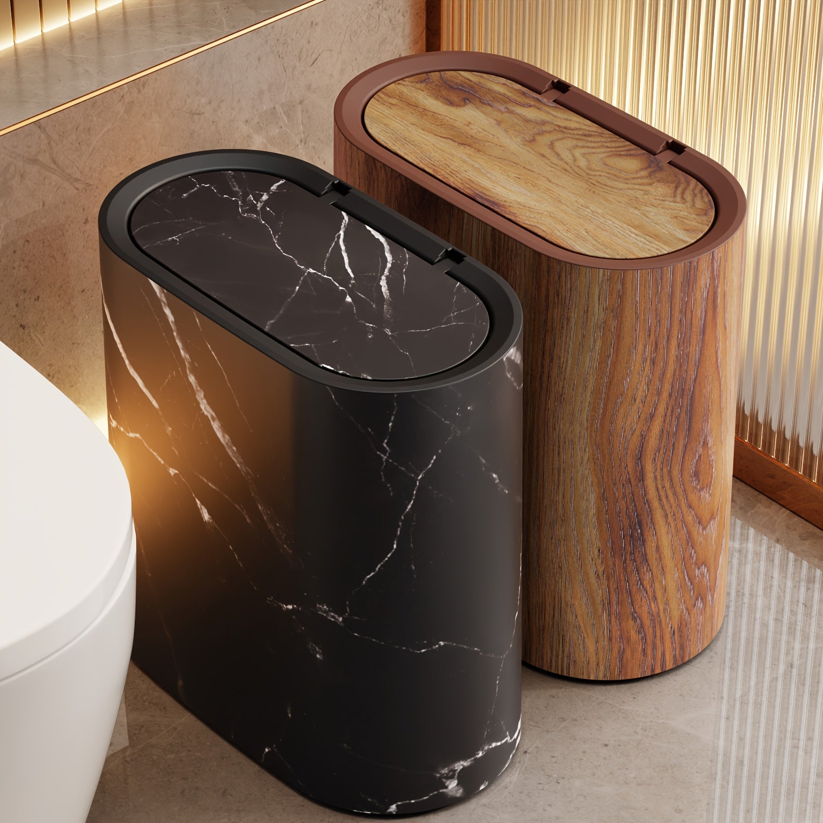 Modern oval lidded trash can with decorative patterned exterior