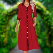 Lily - Plaid Button-Up Wine Red Long Sleeve Dress