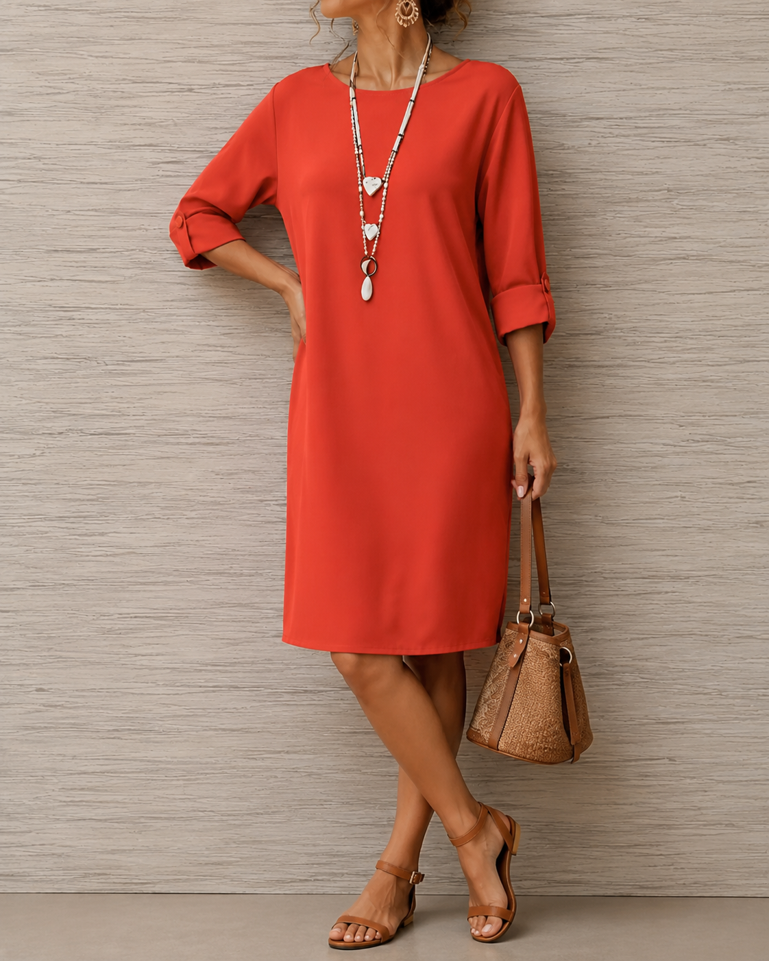 Women's relaxed solid midi dress with round neckline, rolled three-quarter sleeves and side pockets