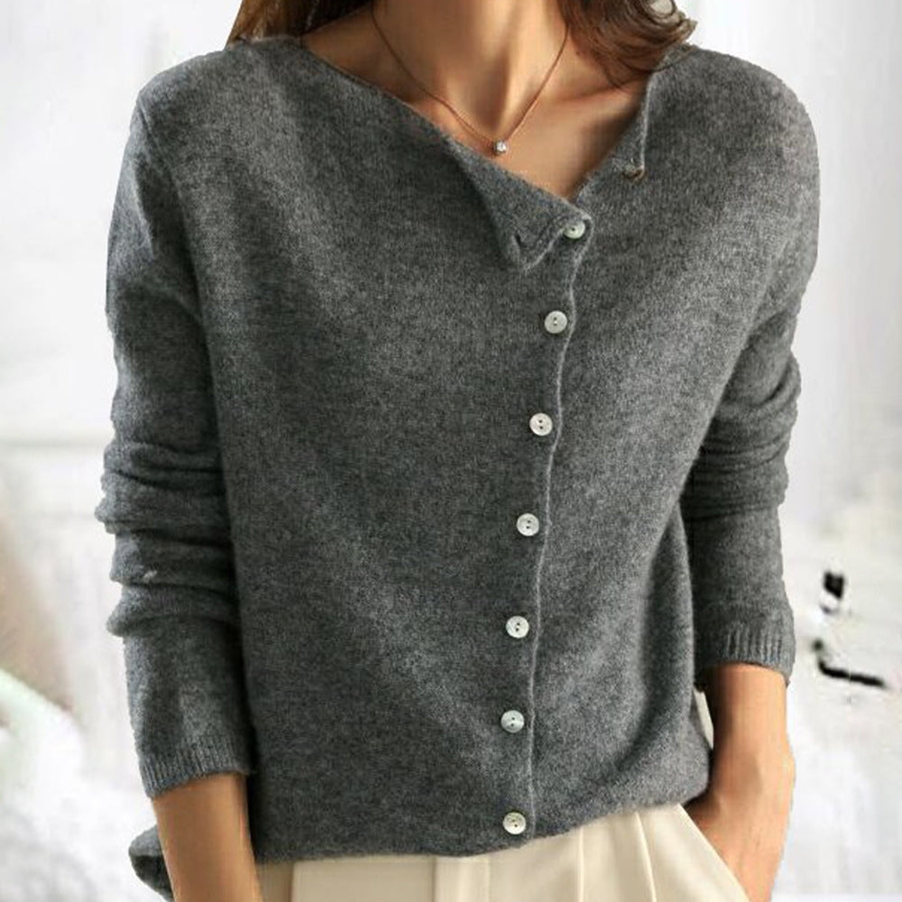 Women's long sleeve button-front cardigan with V-neck and ribbed trims