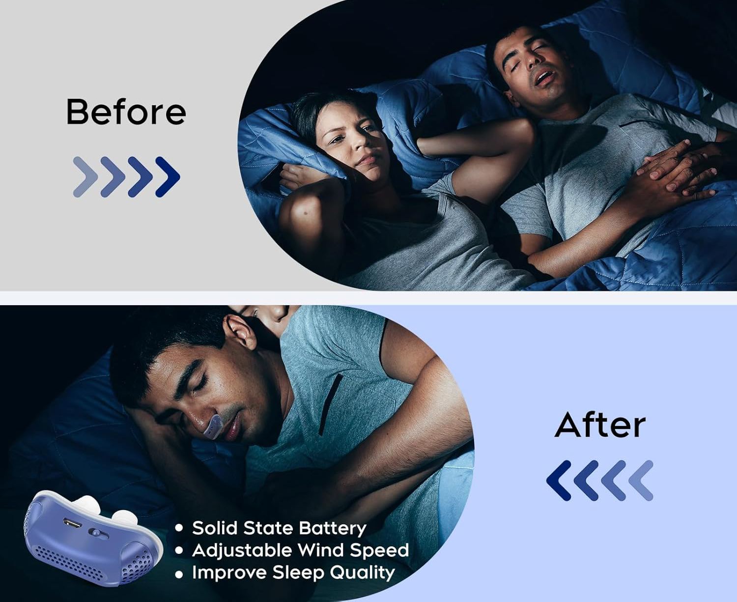 Compact rechargeable anti-snoring device with twin fans and silicone nasal components