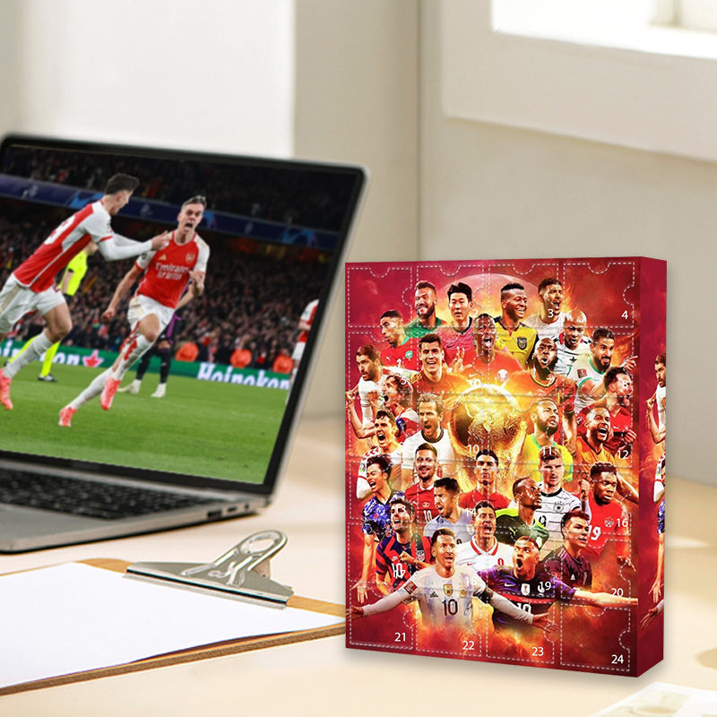 Red 2026 soccer advent calendar with 24 numbered doors