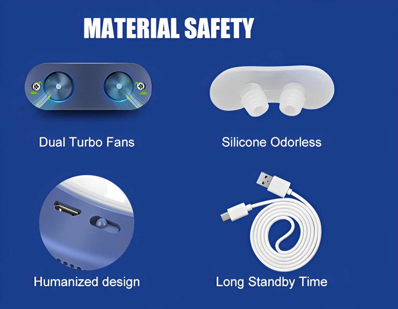 Compact rechargeable anti-snoring device with twin fans and silicone nasal components