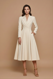 Women's A-Line Midi Dress, Notched Lapel, Long Sleeves