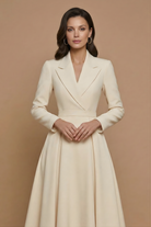 Women's A-line midi dress with notched lapel, long sleeves, and full pleated skirt