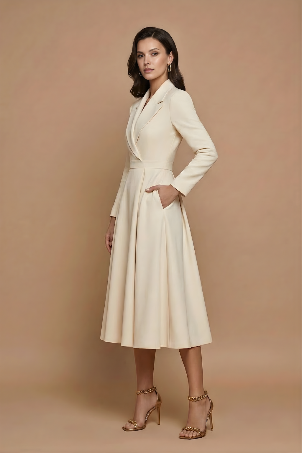 Women's A-line midi dress with notched lapel, long sleeves, and full pleated skirt