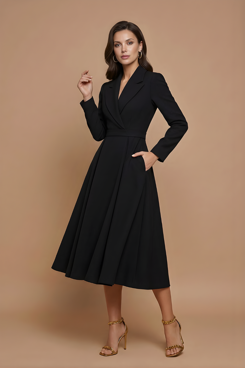 Women's A-line midi dress with notched lapel, long sleeves, and full pleated skirt