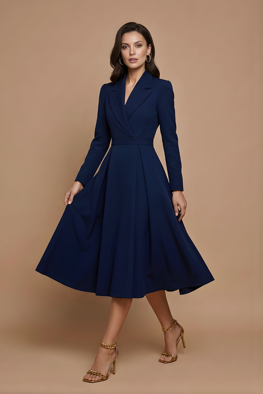 Women's A-line midi dress with notched lapel, long sleeves, and full pleated skirt