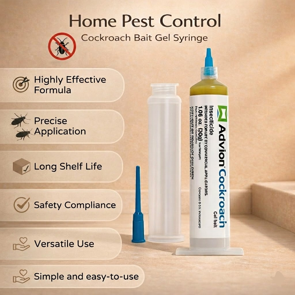 Cockroach gel bait syringe with blue nozzle applying yellow gel indoors