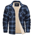 Men's plaid sherpa-lined flannel shirt jacket with button front and chest pockets