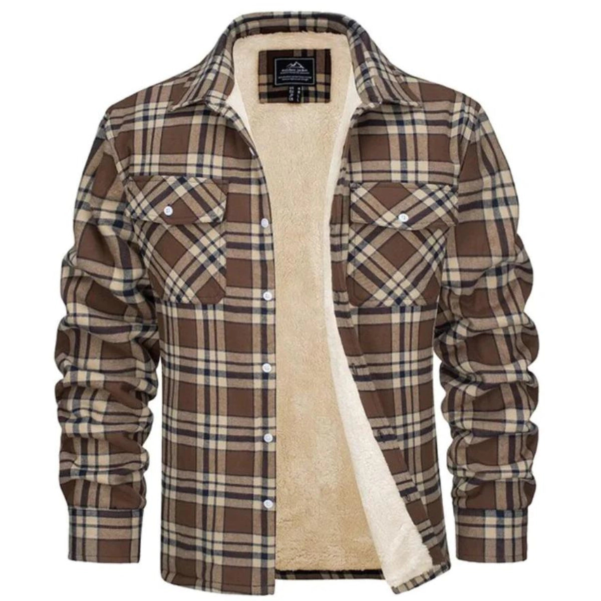 Men's plaid sherpa-lined flannel shirt jacket with button front and chest pockets