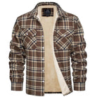 Men's plaid sherpa-lined flannel shirt jacket with button front and chest pockets