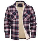 Men's plaid sherpa-lined flannel shirt jacket with button front and chest pockets