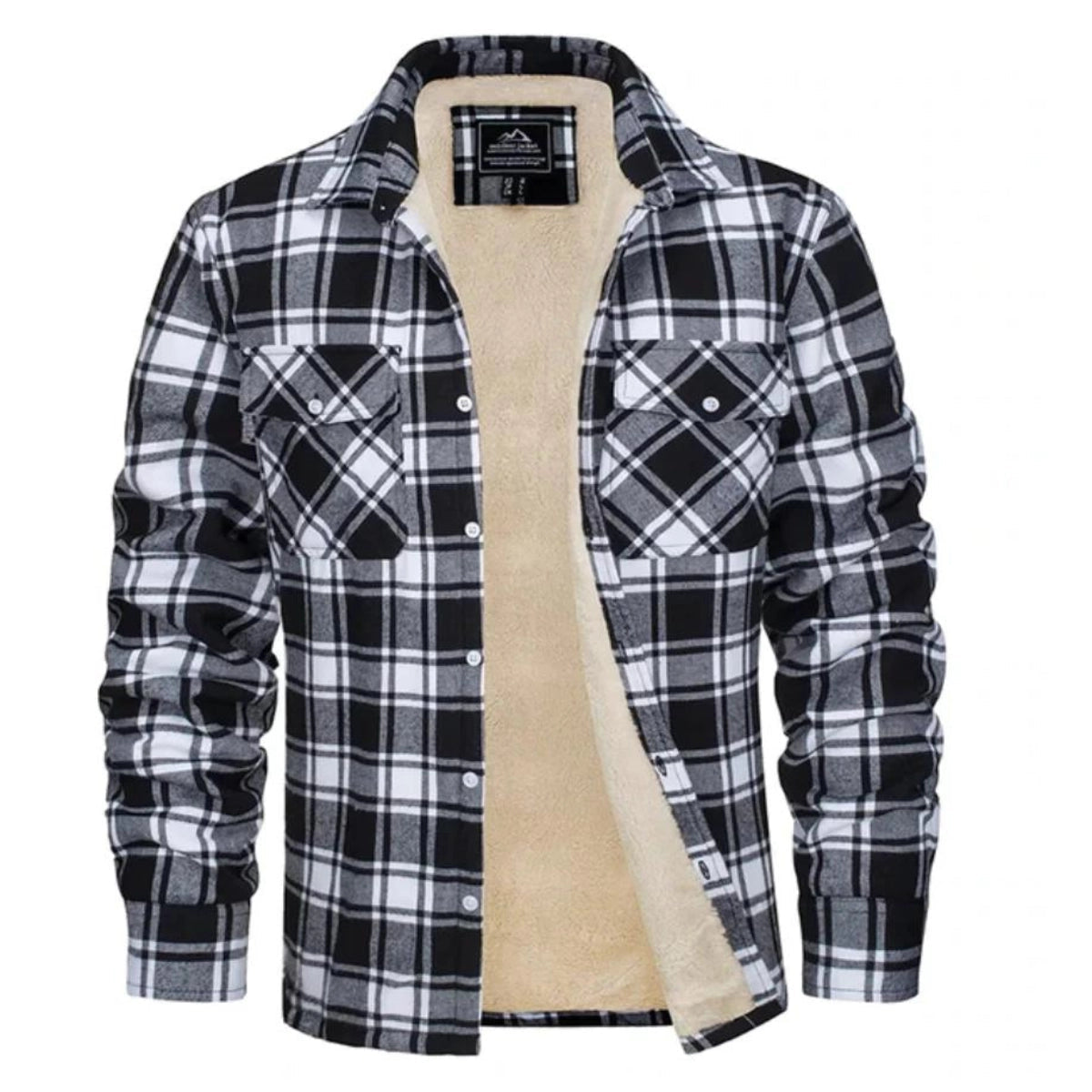 Men's plaid sherpa-lined flannel shirt jacket with button front and chest pockets