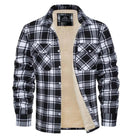 Men's plaid sherpa-lined flannel shirt jacket with button front and chest pockets