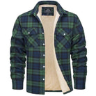 Men's plaid sherpa-lined flannel shirt jacket with button front and chest pockets
