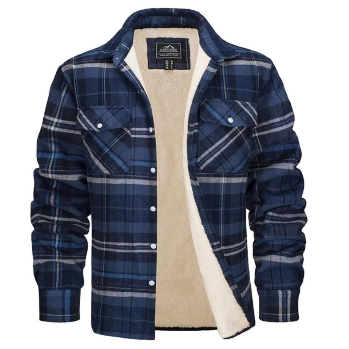 Men's plaid sherpa-lined flannel shirt jacket with button front and chest pockets