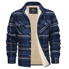 Men's plaid sherpa-lined flannel shirt jacket with button front and chest pockets