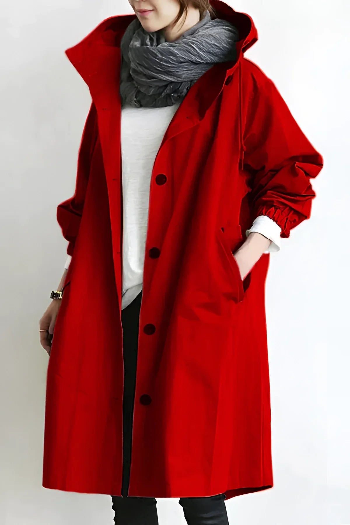 Women's longline hooded trench coat with button front and gathered sleeves