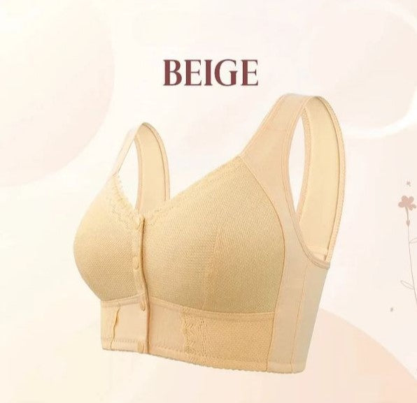 Women's wireless bra with molded cups, wide straps and front button closure