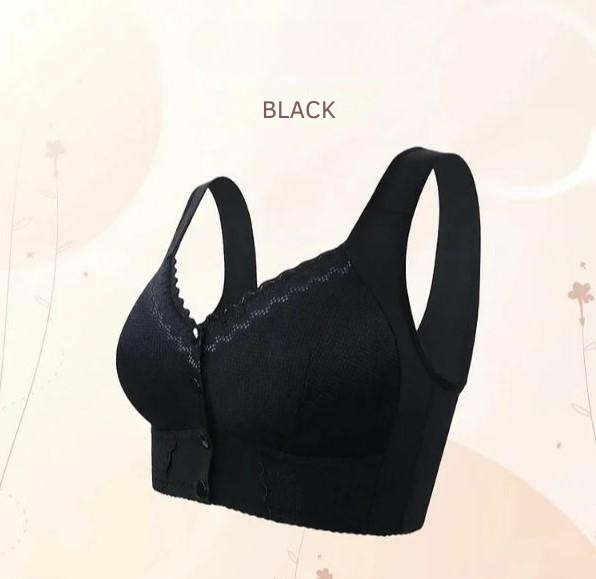 Women's wireless bra with molded cups, wide straps and front button closure
