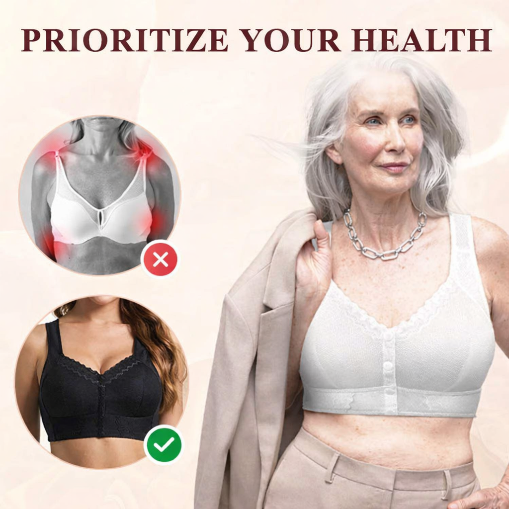 Women's wireless bra with molded cups, wide straps and front button closure